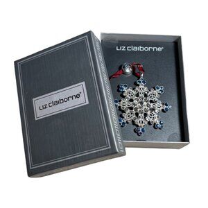 Liz Claiborne Boxed Snowflake Ornament – 2018, NIB – Silver & Blue Rhinestones
